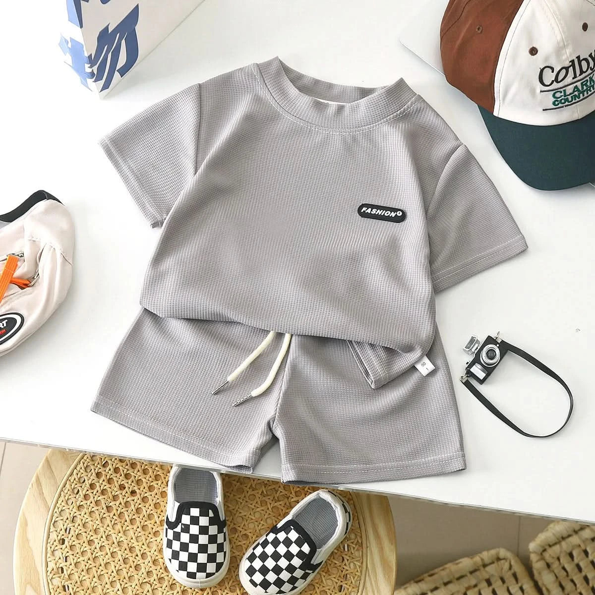 New Summer Children's Casual Set for Boys Girls Loose Short Sleeved Waffle Breathable and Comfortable Set - M & M Global