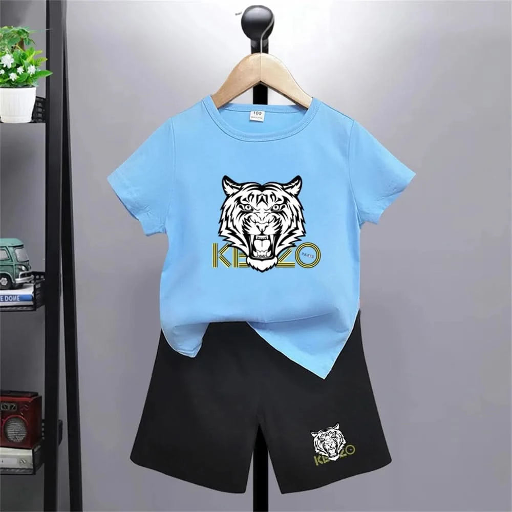 Tiger head Print Brand Kids T-shirt Boys Girls red Toddlers age 3-12 Fashion Clothing Short Sleeve+Shorts Outdoor Sports Set - M & M Global