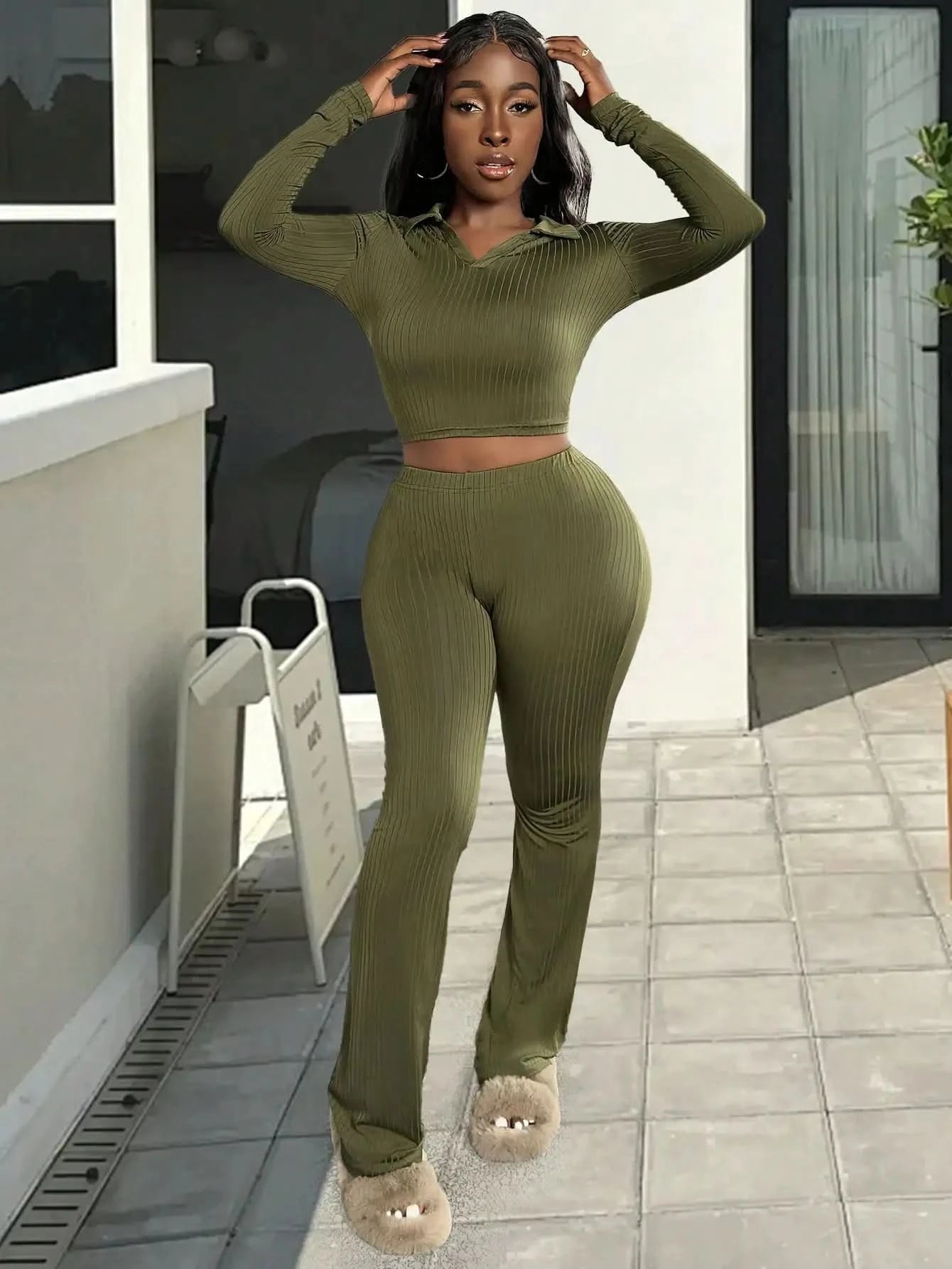 2025 Newest Women's Two-Piece Set Casual Comfortable V-Neck Ribbed Knit Solid Color Long Sleeve Top and Pants