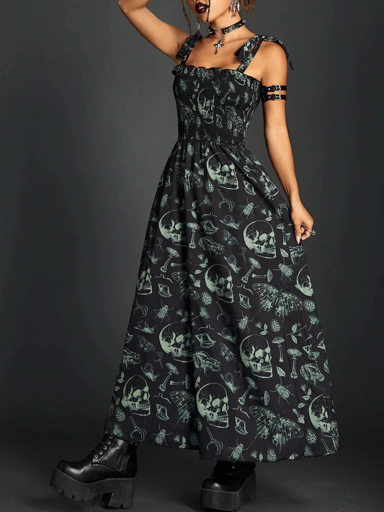 Goth Dark Fairy Grunge Y2k Aesthetic Skull Graphic Dresses Mall Gothic Shirring Lace Up Long Dress Punk A-line Slim Emo Clothing - M & M Global