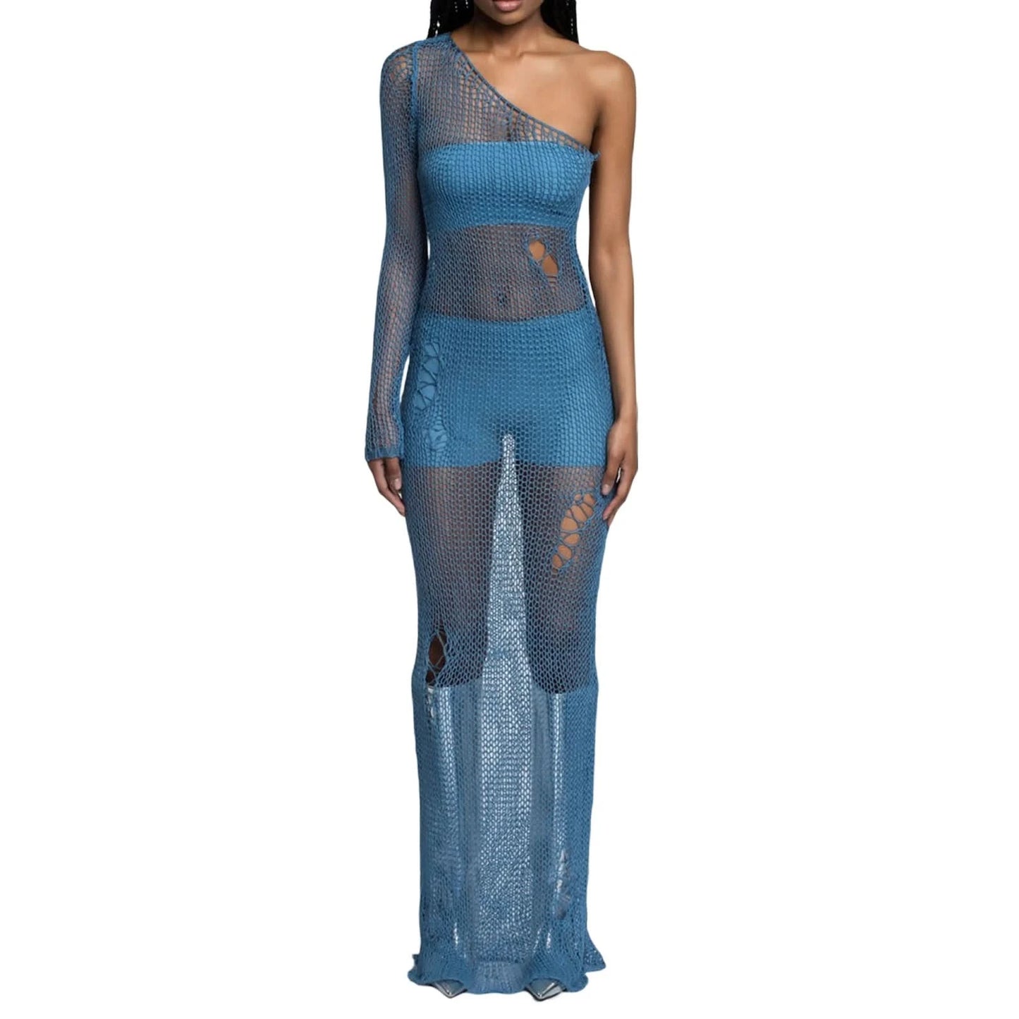 Women Sexy Y2k One Shoulder Long Sleeve Crochet Knit Long Dress Summer Beach See Through Party Grunge Club Cover Up Outfits - M & M Global