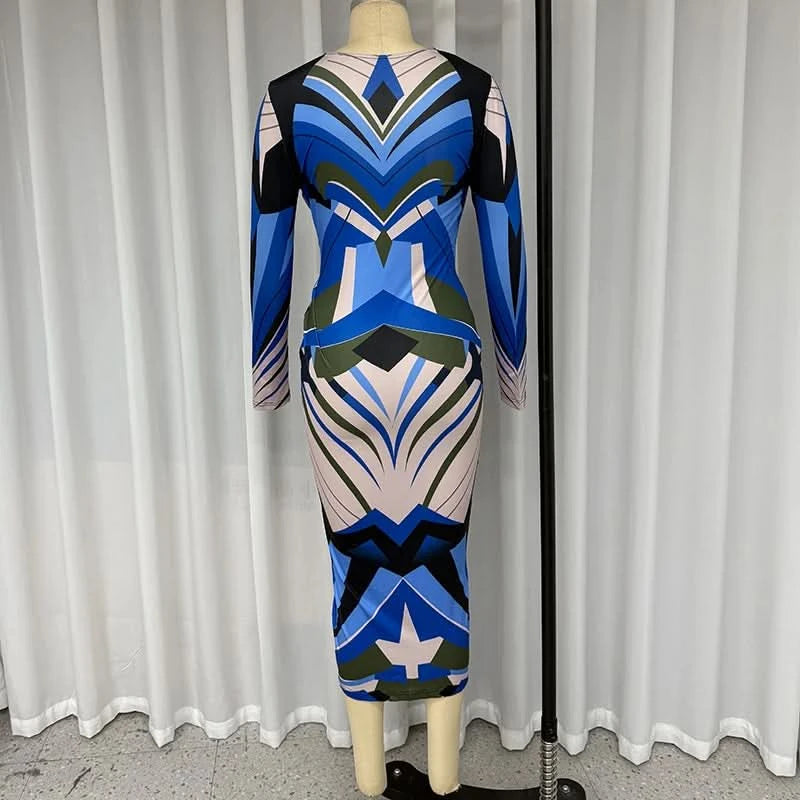 Wefads Long Dress Women Clothing Printed Long Sleeve V Neck Pleated Nipped Waist Slim Slit Casual Dresses Streetwear - M & M Global