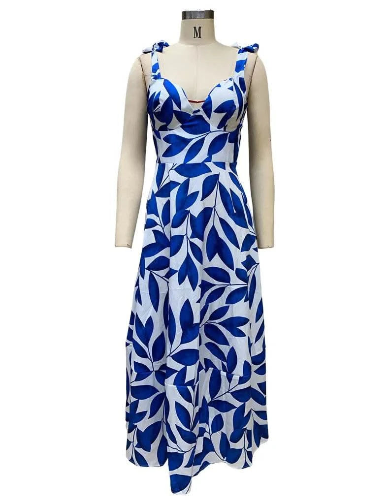 BAMBOOBOY Summer Print Long Dress Women Clothing Lace Up Party Dresses Pattern Spaghetti Strap Ladies V-Neck Beach Sundress - M & M Global