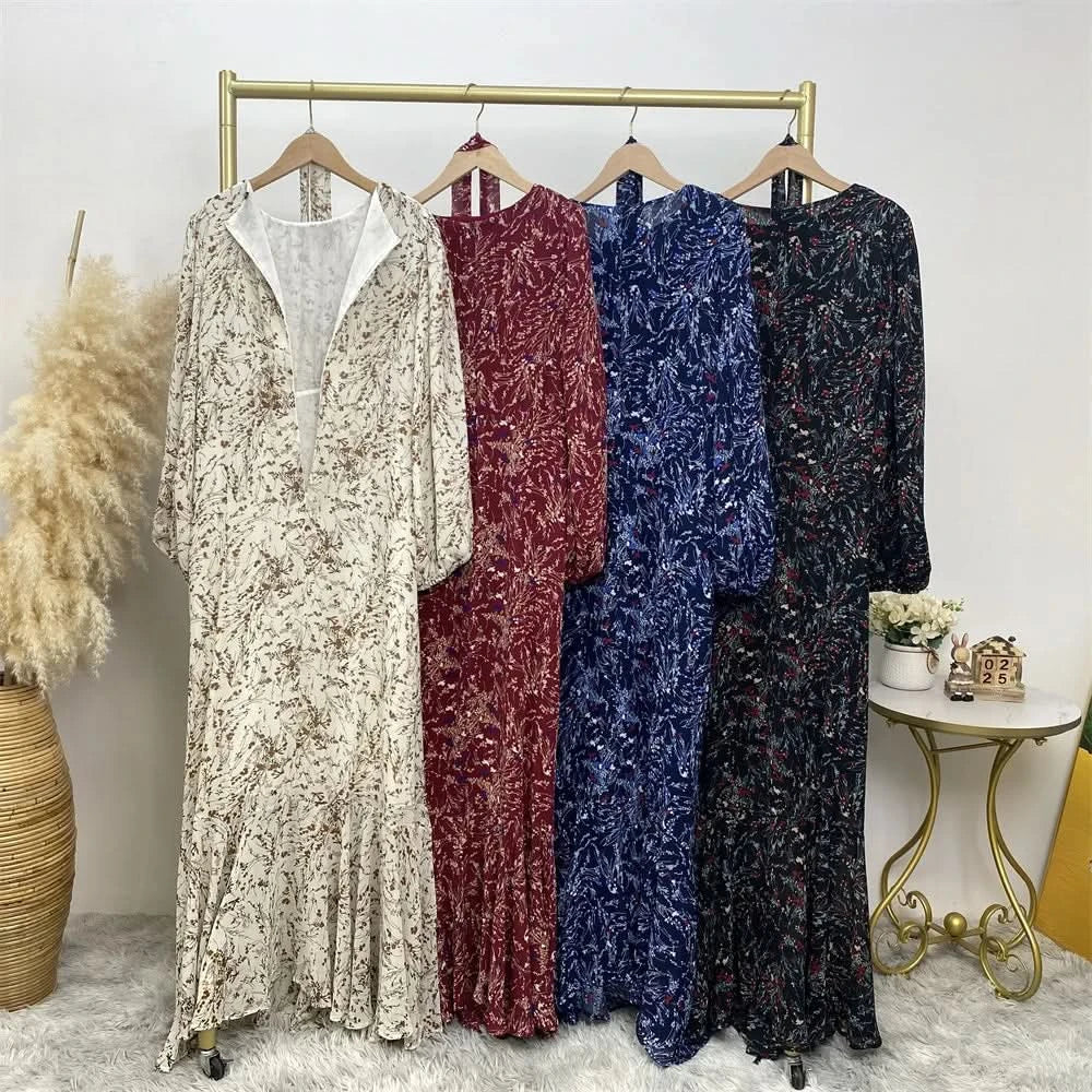Muslim Women's dress Casual print bark crepe long dress Zipper collar long sleeves loose Muslim maxi dress - M & M Global
