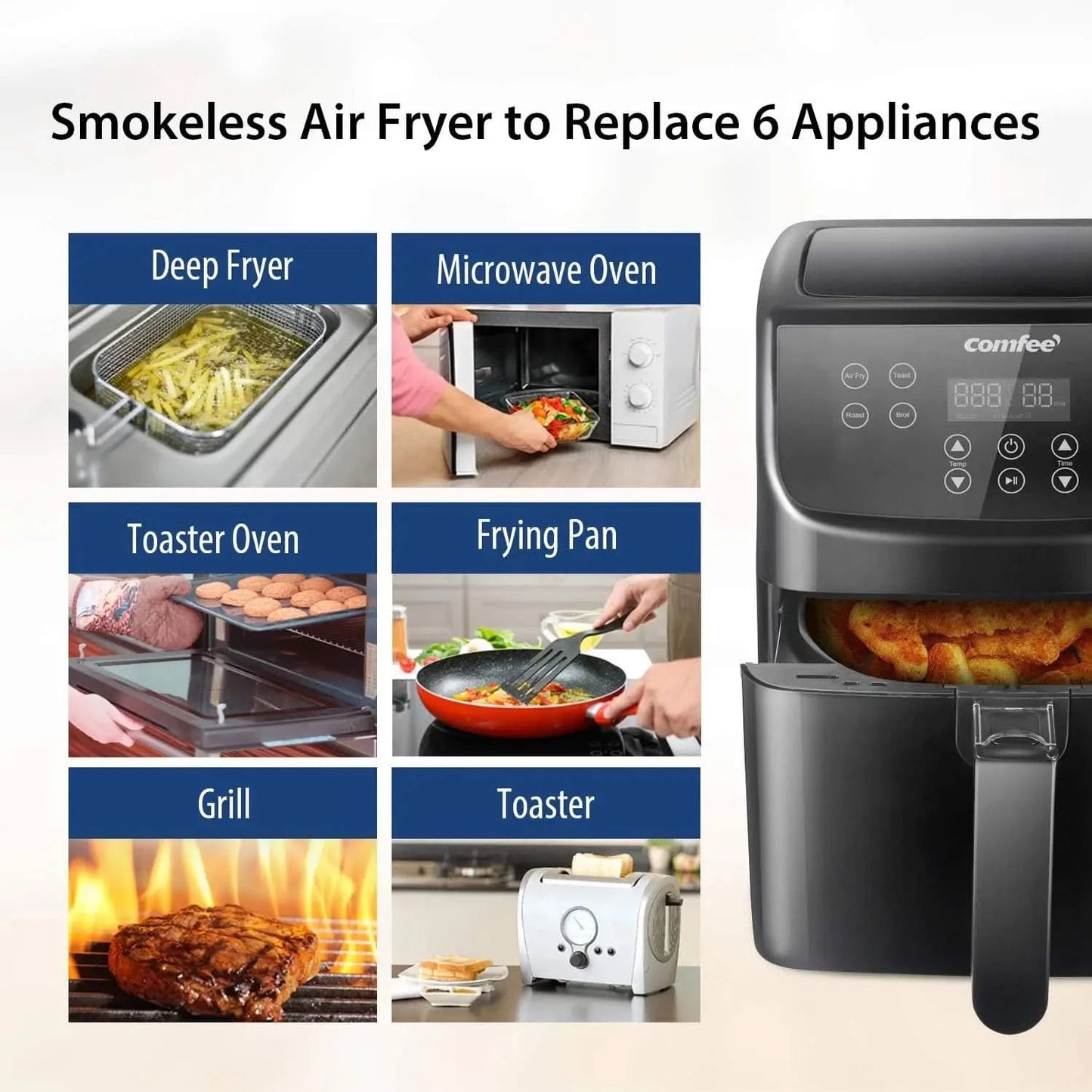 5.8Qt Digital Air Fryer, Toaster Oven & Oilless Cooker, 1700W with 8 Preset Functions, LED Touchscreen, Shake Reminder, Non-stic - M & M Global
