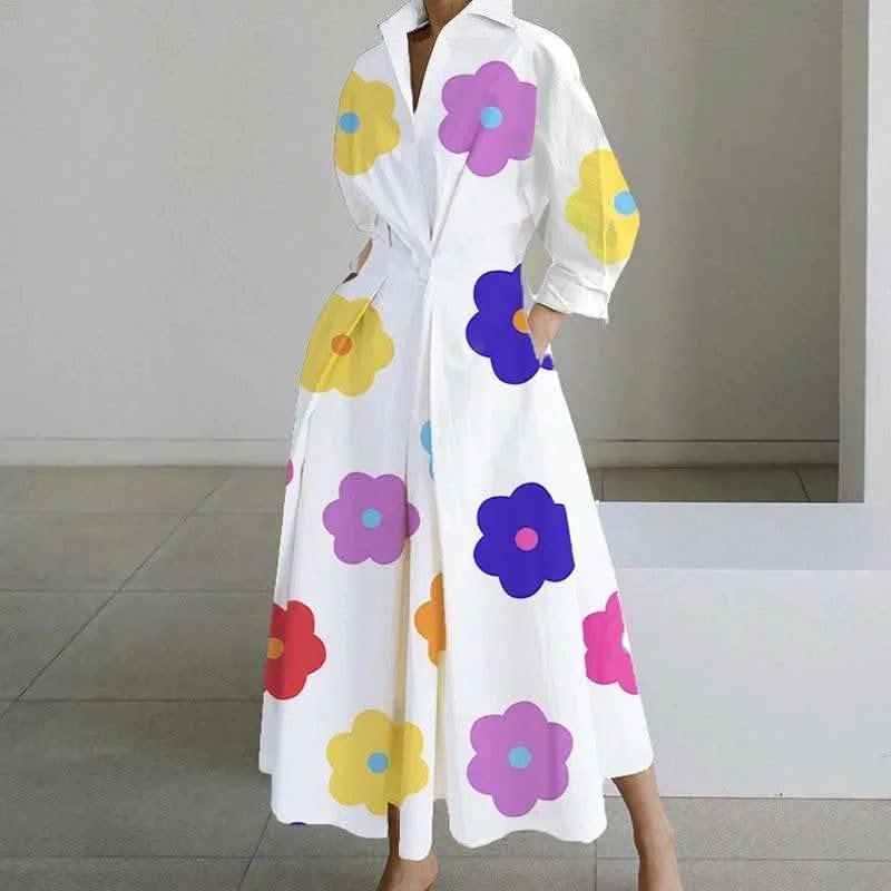 Autumn Dress Long Sleeve Dot Print Elegant Maxi Dresses For Women 2023 White Casual V Neck Shirt Party Long Dress Robe Femme - M & M Global