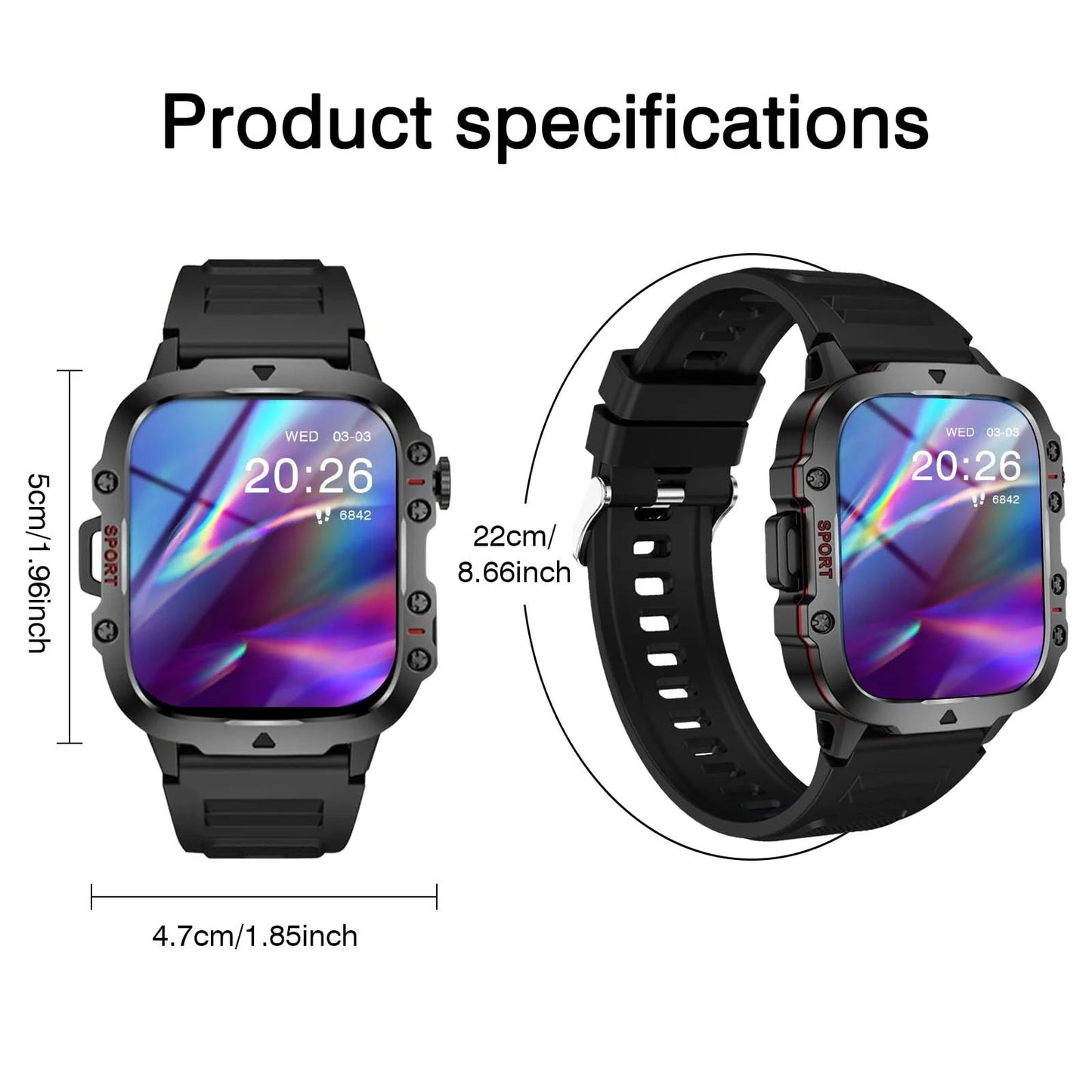 Smart watch, Bluetooth calling, message reminder, multi-sports mode, suitable for iPhone/Android phones