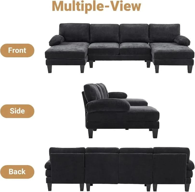110" Sectional Couches for Living Room,U Shaped Couch with Double Chaise, 4-Seat Sofa Set with Chenille Fabric for Home F
