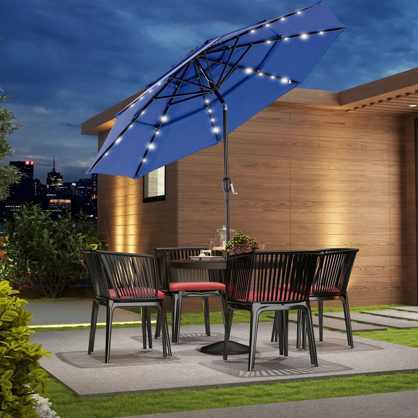 JHK 10FT 3-Tier Patio Outdoor Umbrella with Solar 32 LED Lights Tilting Table Umbrella with 8 Sturdy Ribs for Garden Backyard