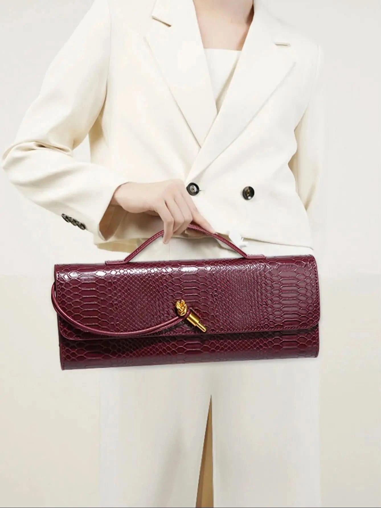 Burgundy bag cherry red envelope wine red envelope upscale new handbag European and American fashion crocodile flip hand organ b - M & M Global