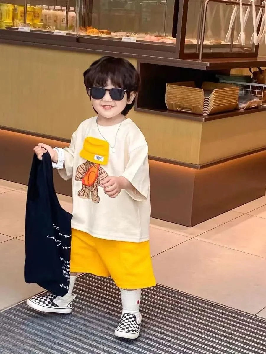 Boys and Girls Summer Set New Children's Cartoon Short Sleeve Cotton T-shirt Shorts 2-Piece Set for Boys' Loose Casual Set - M & M Global