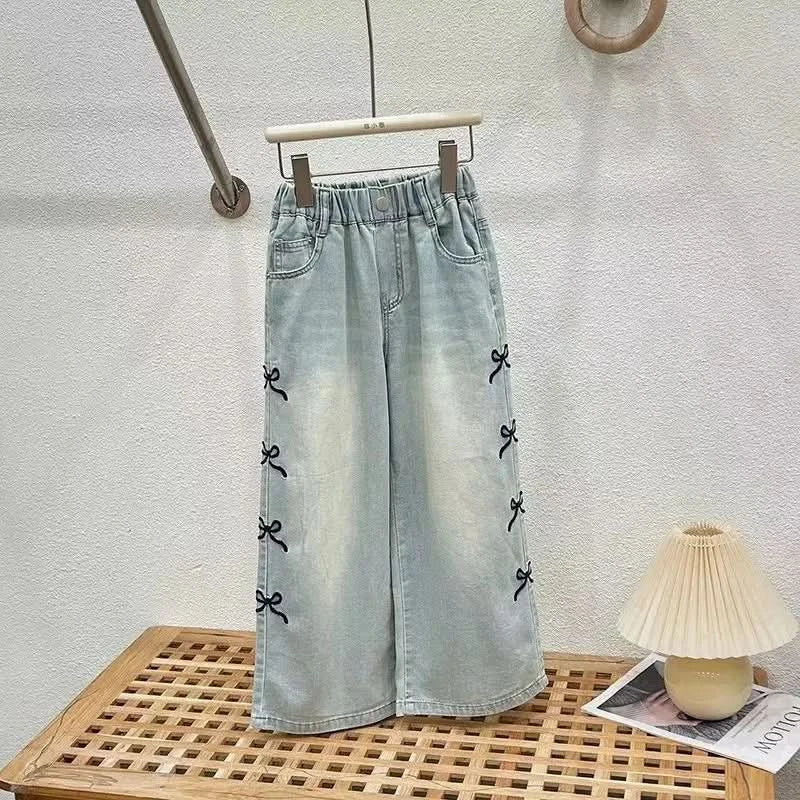 Girls Summer Thin Set Teenage Girls Wide Leg Jeans T-shirt 2-piece Summer Children's Clothing Set - M & M Global