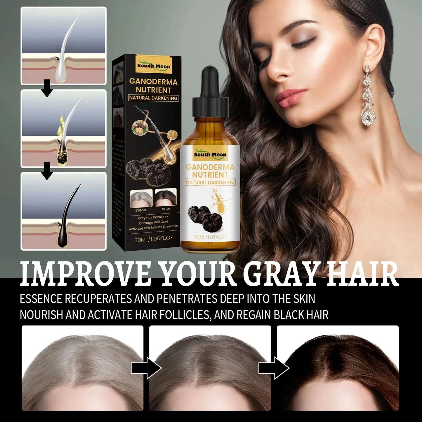 Reying Hair, Hair Darkening , Organic Ganoderma Nutrient Hair Reverse 30ML Black Ganoderma nourishes hair and strengthens it - M & M Global