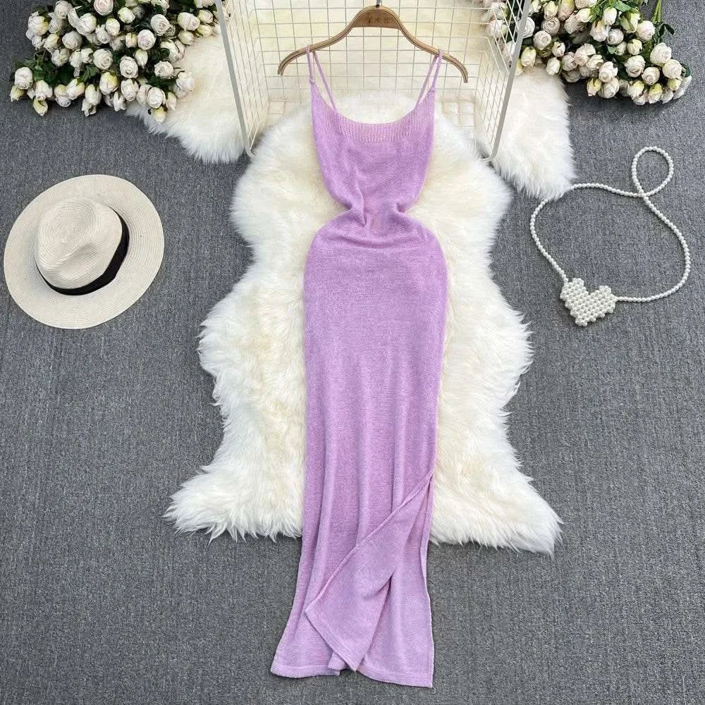 Blue/purple Summer Knit Sexy Strap Dress Women Tank Elatic Waist Bodycon Sundress Female Beach Split Backless Maxi Long Dress - M & M Global
