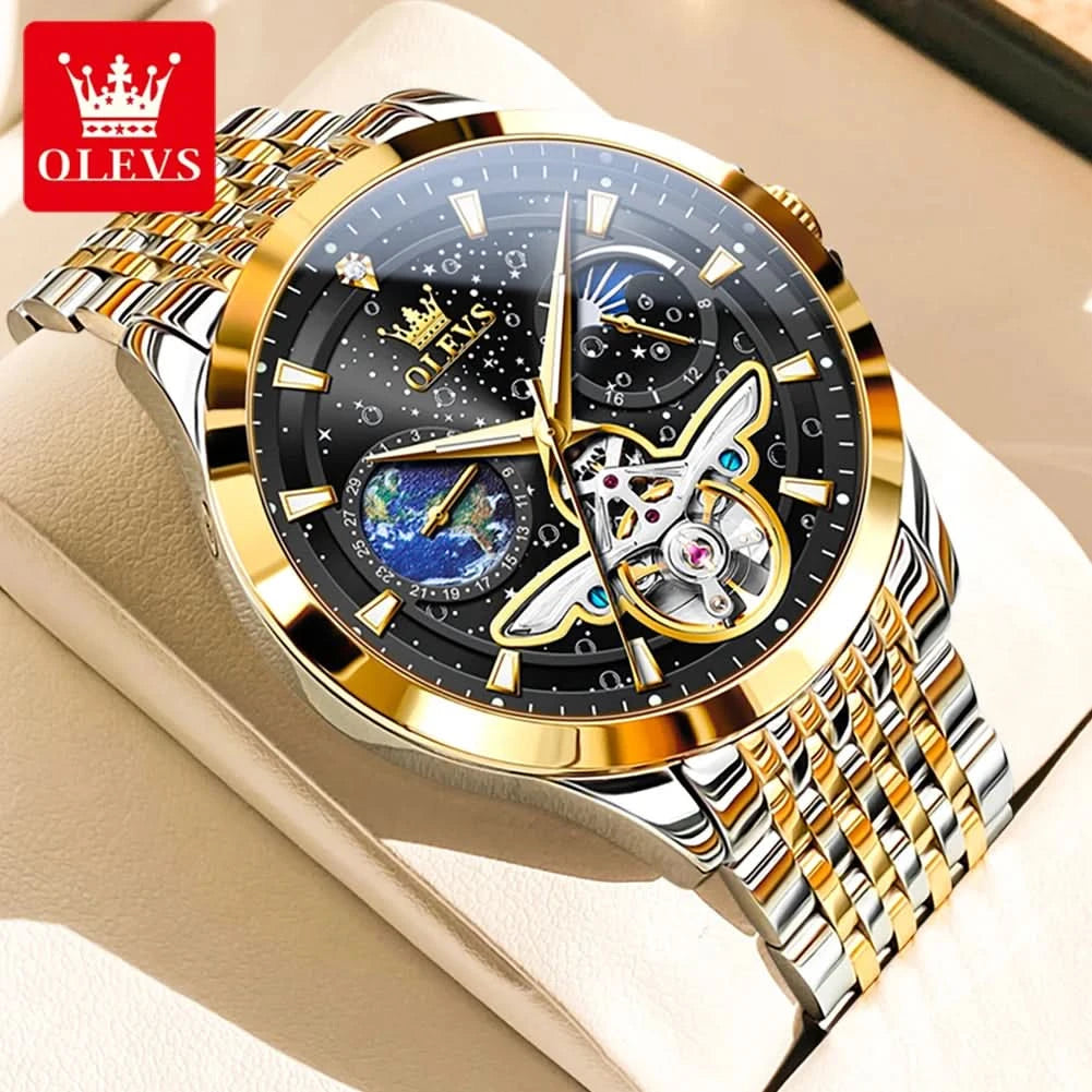 OLEVS Luxury Brand Men's Watches Luminous Waterproof Fully Automatic Mechanical Watch Starry Sky Dial Moon Phase Hollow Out - M & M Global