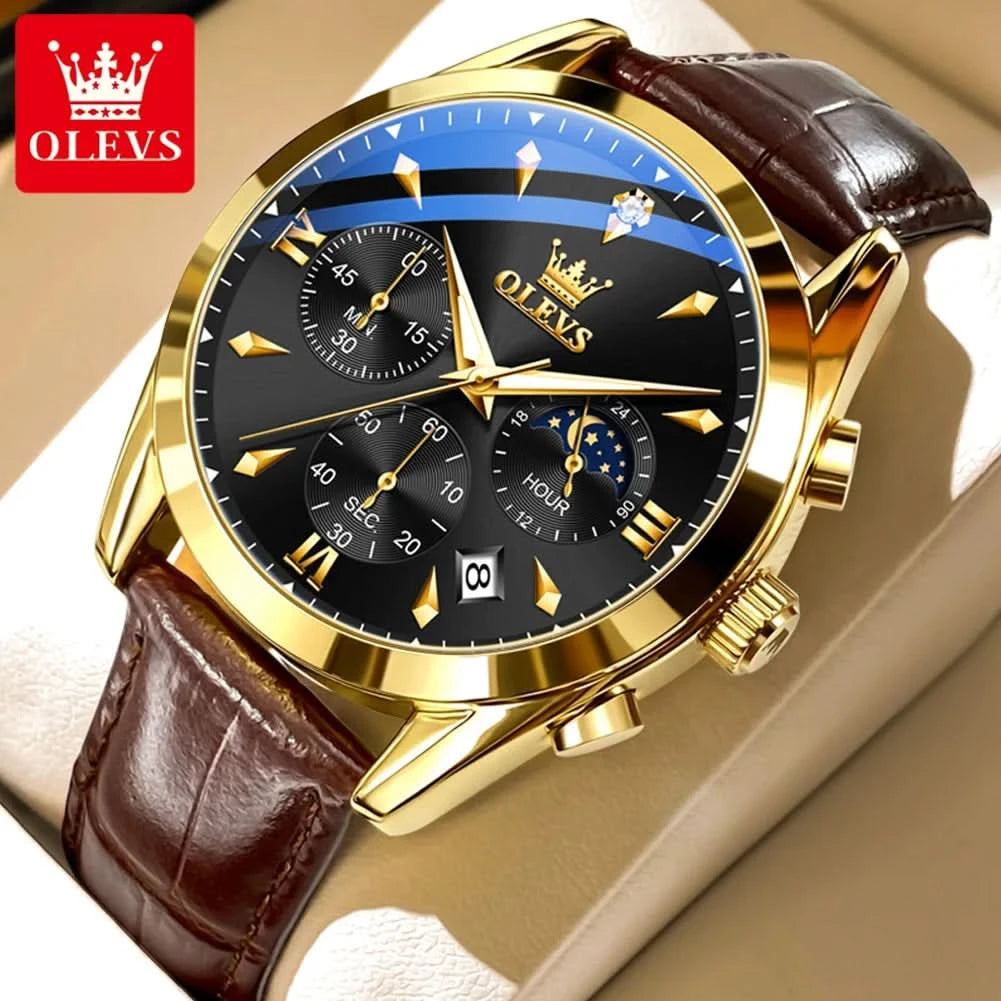 OLEVS Original Watch Leather Strap Moon Phase Luminous Quartz Watches for Man Waterproof Calendar Business Trend Wristwatch - M & M Global