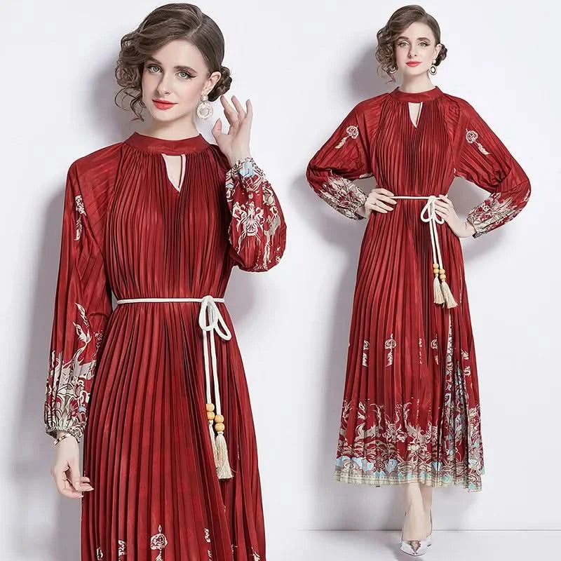 Spring Holiday Print Long Dress For Women Fashion Loose Lantern Sleeve Party Robe Female Big Swing Tassels Belt Pleated Clothes - M & M Global
