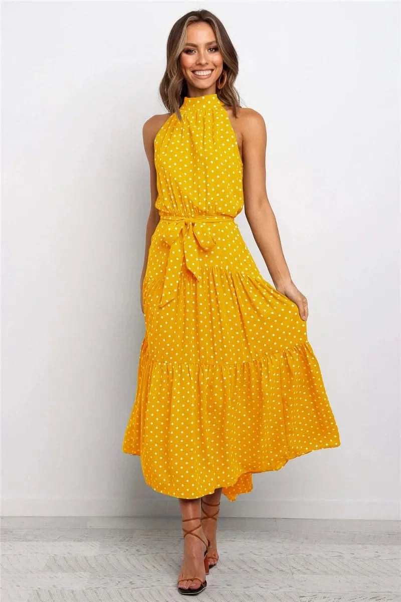 Summer Floral Print Halter Neck Dresses For Women Sleeveless Leace-up Long Dress Casual Beach Holiday Vestidos Female Clothing - M & M Global