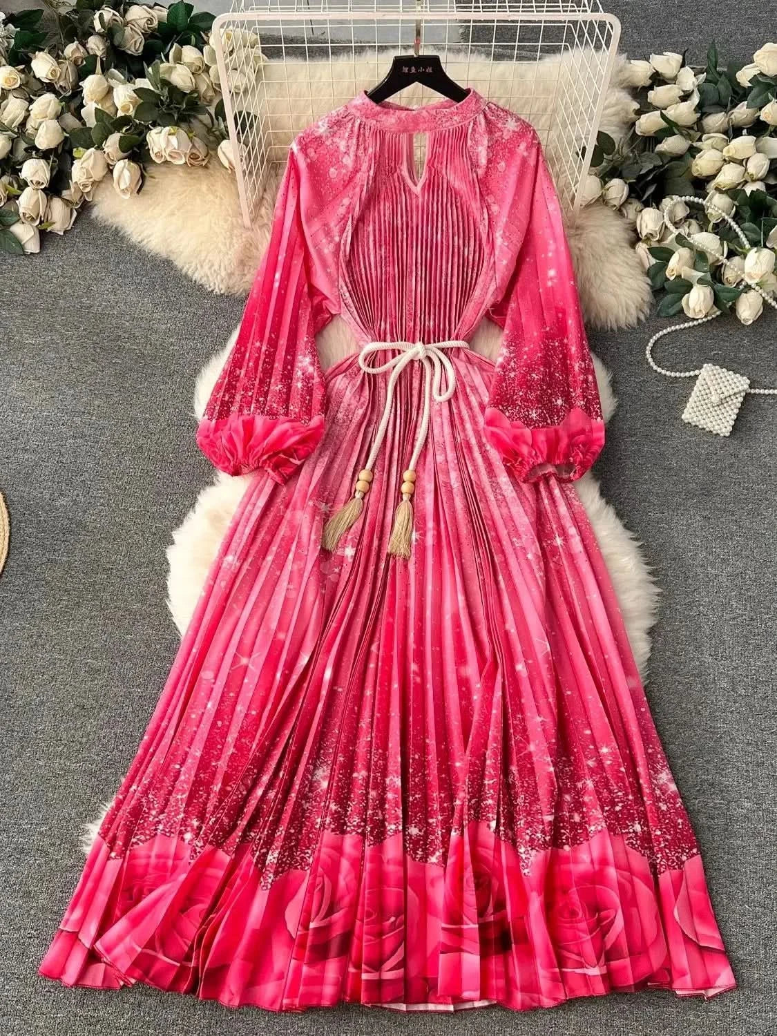 Spring Holiday Print Long Dress For Women Fashion Loose Lantern Sleeve Party Robe Female Big Swing Tassels Belt Pleated Clothes - M & M Global