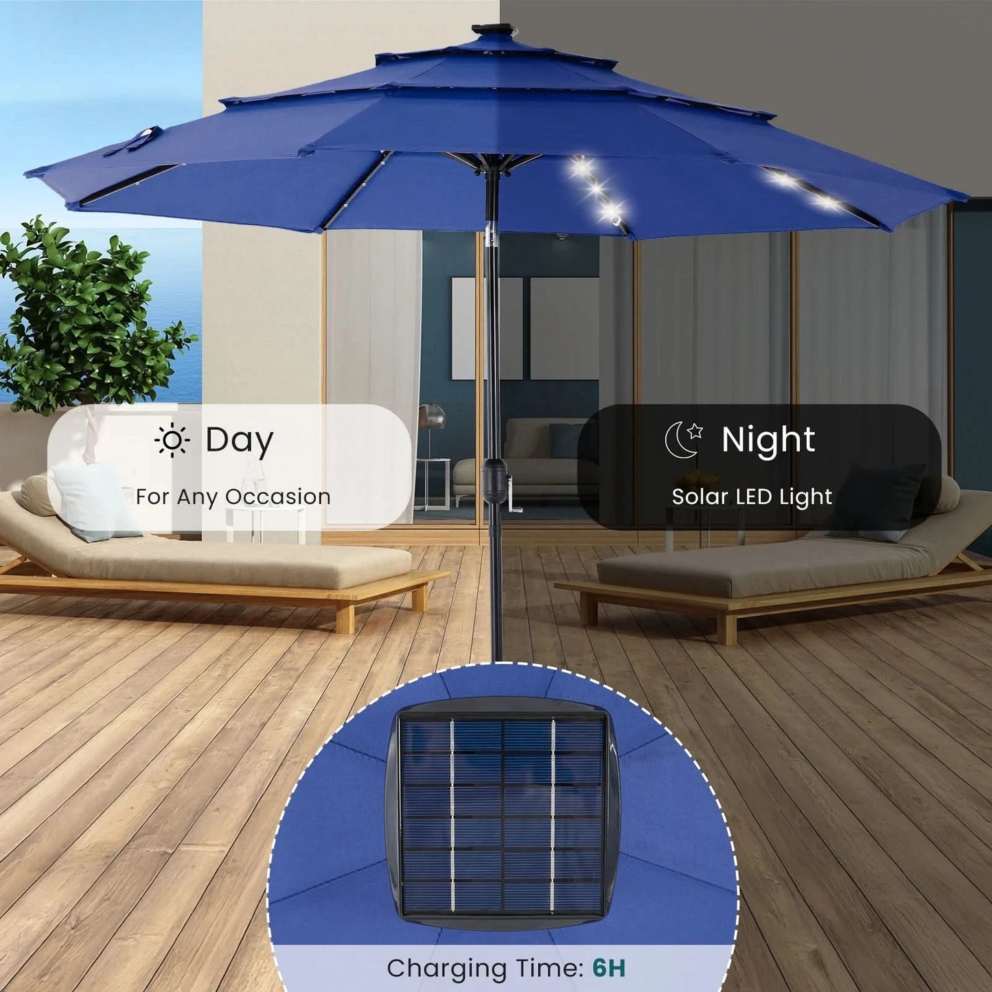 JHK 10FT 3-Tier Patio Outdoor Umbrella with Solar 32 LED Lights Tilting Table Umbrella with 8 Sturdy Ribs for Garden Backyard
