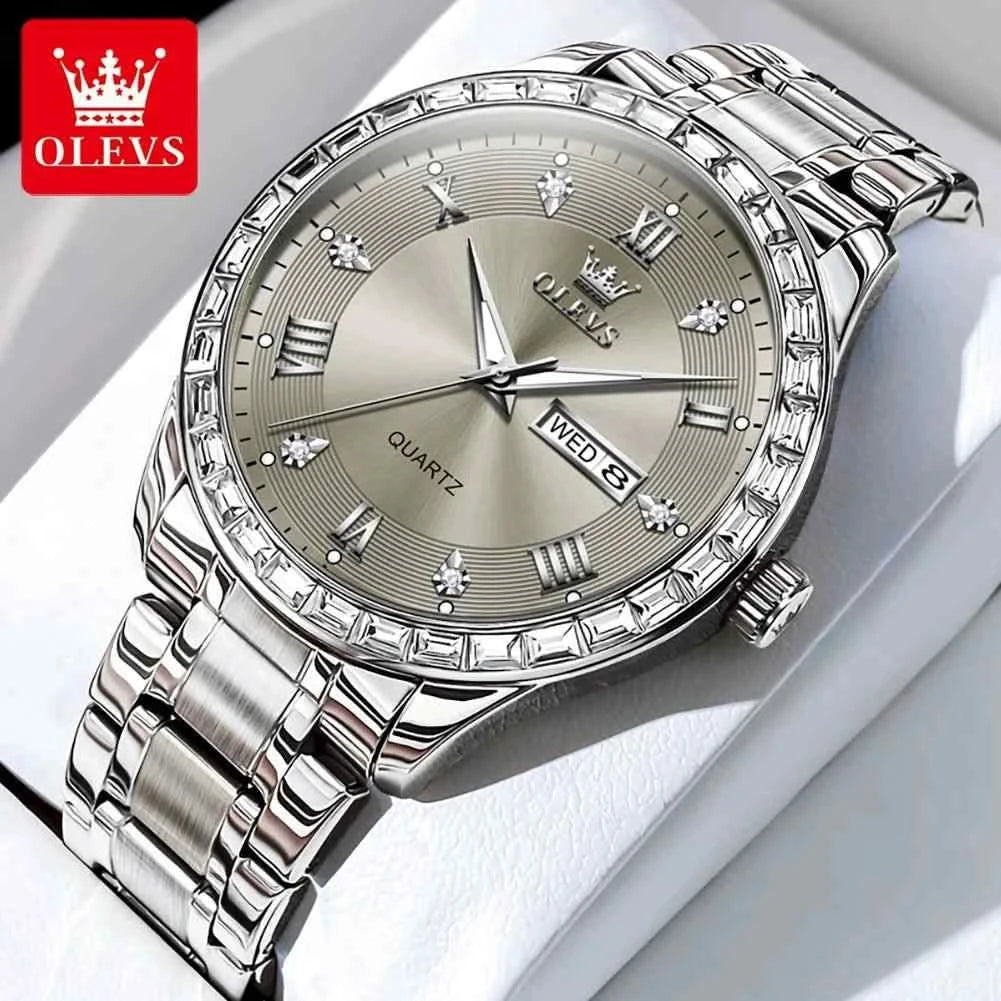 OLEVS 9906 Quartz Men's Watch Classic Fashion Men's Business Waterproof Stainless Steel Diamond dial Top Luxury Brand Men Watch - M & M Global