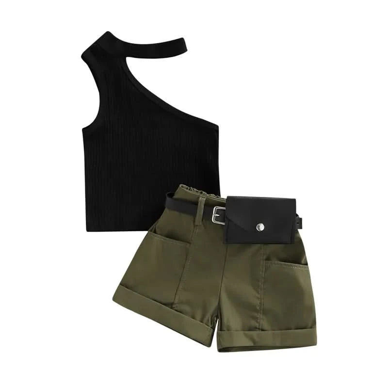 1-5 Years Infant Girl Casual Set Tanks Tops + Shorts + Waist Bag Pockets Decoration Casual Style Girls Summer Clothing Set - M & M Global
