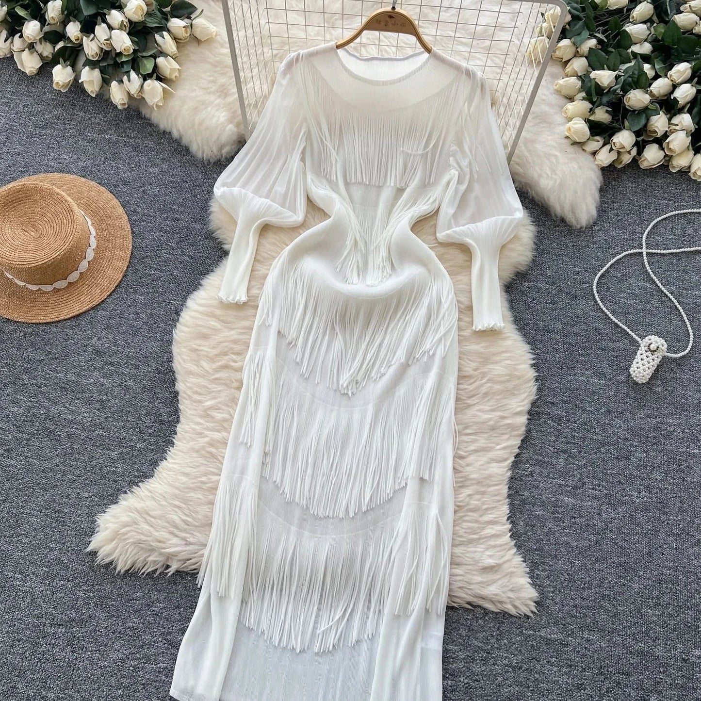 Vintage O-Neck Elegant Long Lantern Sleeve Chic Tassel Slim Long Dress French Fashion Evening High Street Autumn Winter Clothing - M & M Global
