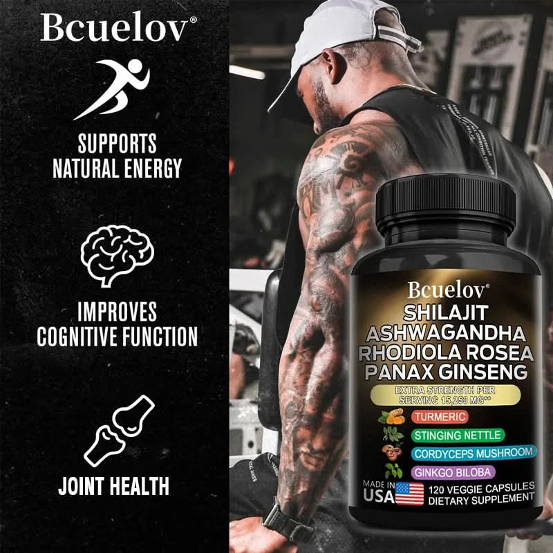 Shilajit Resin Himalaya Capsules - 15250 mg - Combination of Ashwagandha, Ginseng, Cordyceps, Ginkgo, Turmeric - M & M Global
