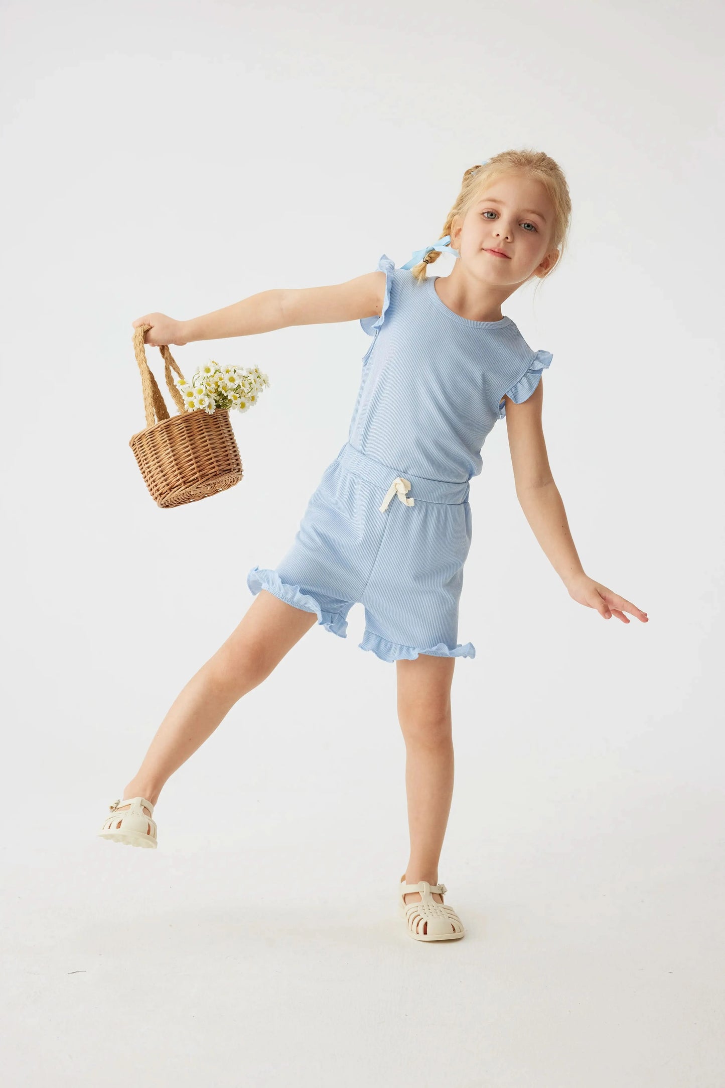 2024 Summer Hot selling Little Girl Daily Casual Clothing Minimalist Little Girl Polyester Set Cool Sleeveless Shorts Set Girl - M & M Global