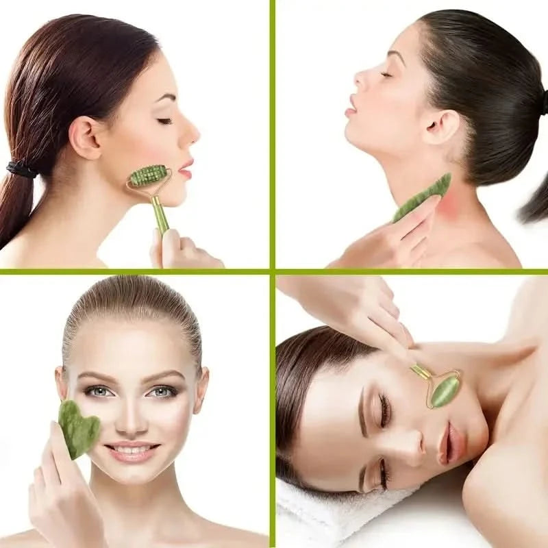 Jade Massagers For Face Body Gua Sha Scraper Beauty Facial Roller Set Natural Gouache Stone Massage Slimming Skin Care Lift box - M & M Global