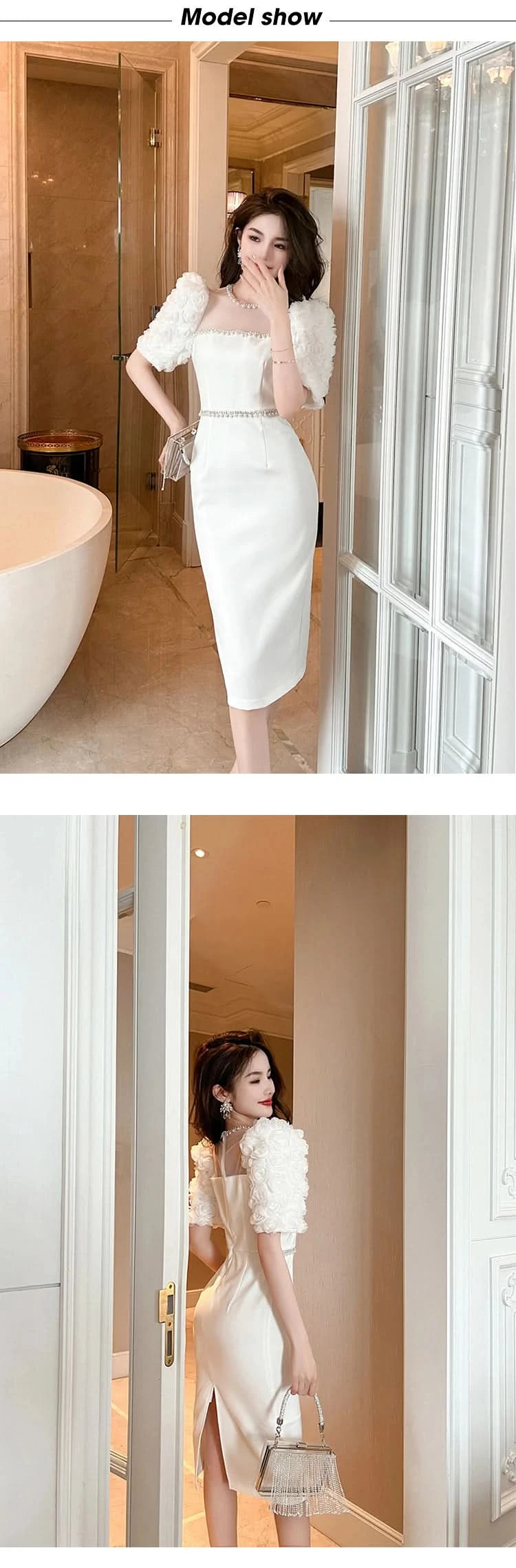 Fashion Elegant Formal Dresses Sweet Celebrity Beaded White Long Dress Sheer Mesh Flowers Split Robe Femme Prom Party Vestidos - M & M Global