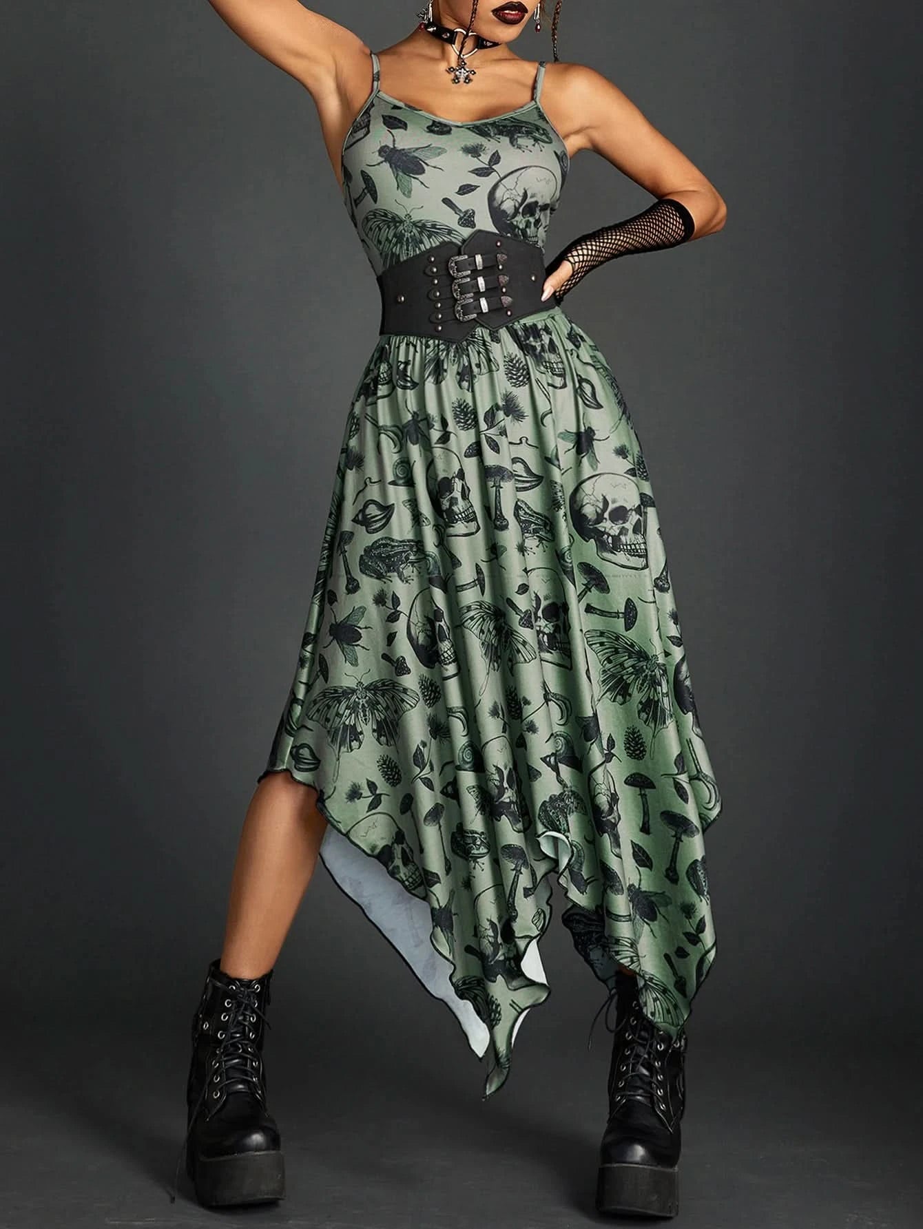 Goth Dark Fairy Grunge Y2k Aesthetic Skull Graphic Dresses Mall Gothic Shirring Lace Up Long Dress Punk A-line Slim Emo Clothing - M & M Global