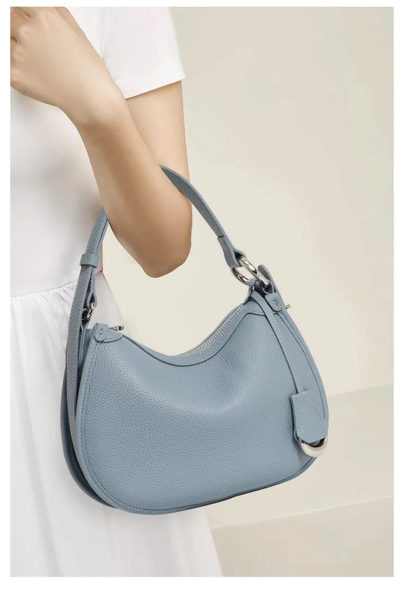 Top layer cowhide underarm shoulder bag 2025 new niche design minimalist blue fashionable soft leather saddle bag - M & M Global