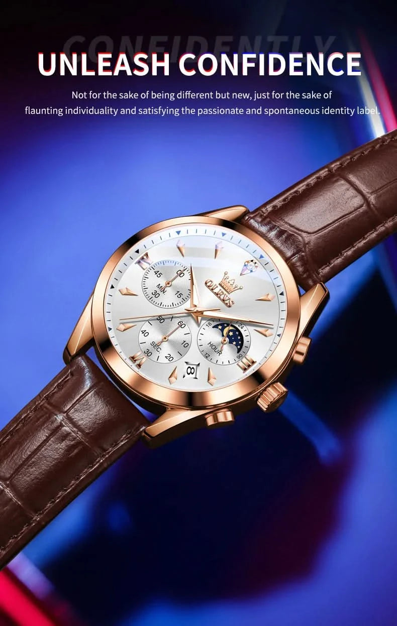 OLEVS Original Watch Leather Strap Moon Phase Luminous Quartz Watches for Man Waterproof Calendar Business Trend Wristwatch - M & M Global