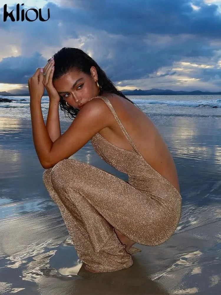 kliou Shiny Long Dress Stunning Women Solid Summer Thin Mesh Sheer Backless Sleeveless Bodycon Female Elegant Fashion Vestidos - M & M Global