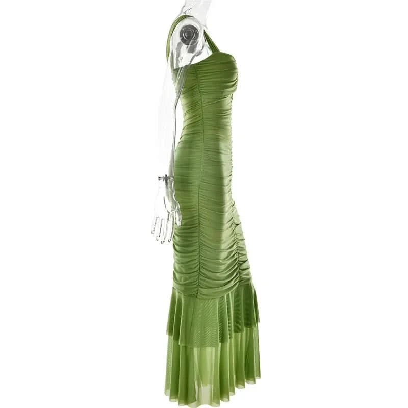 Mozision Hollow Out Backless Ruched Maxi Dress For Women Robe Elegant Spaghetti Strap Sleeveless Bodycon Party Long Dress - M & M Global