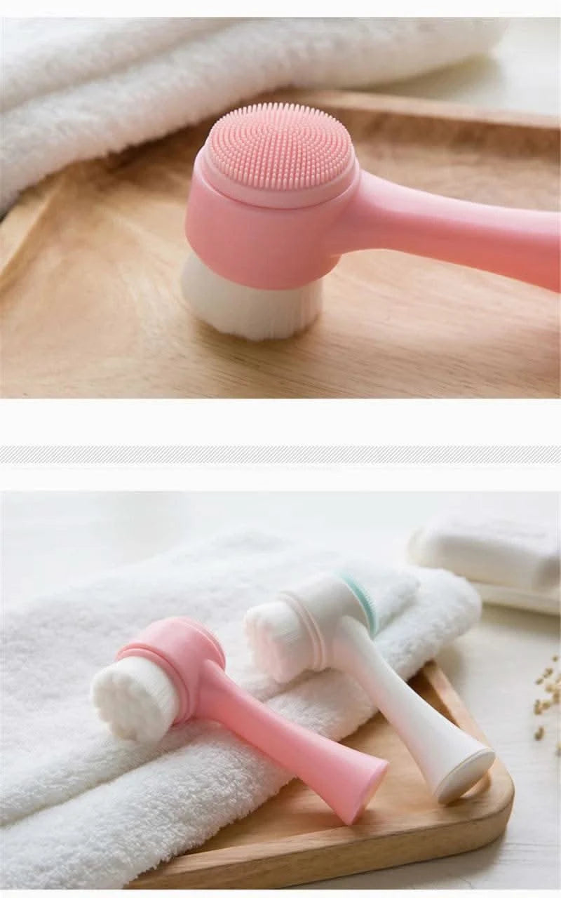 3D Double Silicone Facial Cleansing Brush Manual Massage Facial Brush Soft Bristles Exfoliator Double Sided Face Wash Brush - M & M Global