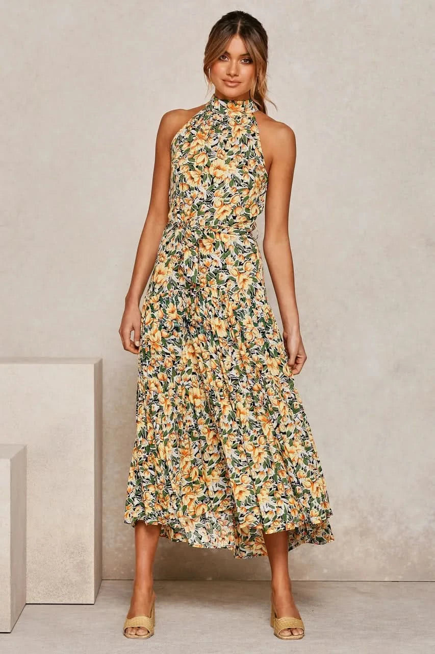 Summer Floral Print Halter Neck Dresses For Women Sleeveless Leace-up Long Dress Casual Beach Holiday Vestidos Female Clothing - M & M Global