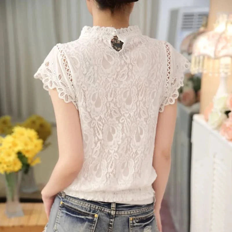 Summer Casual Solid Blouses for Women Petal Sleeve Floral Lace Tops Sweet Chiffon O-neck Short Shirts Elegant Chic New 01C - M & M Global