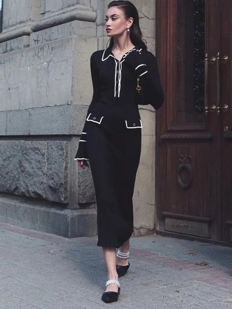 TARUXY High Waist Ruffled Maxi Dresses For Women Autumn Winter Knitted Slim Long Dress Women's Vintage Dress Woman Retro Elegant - M & M Global