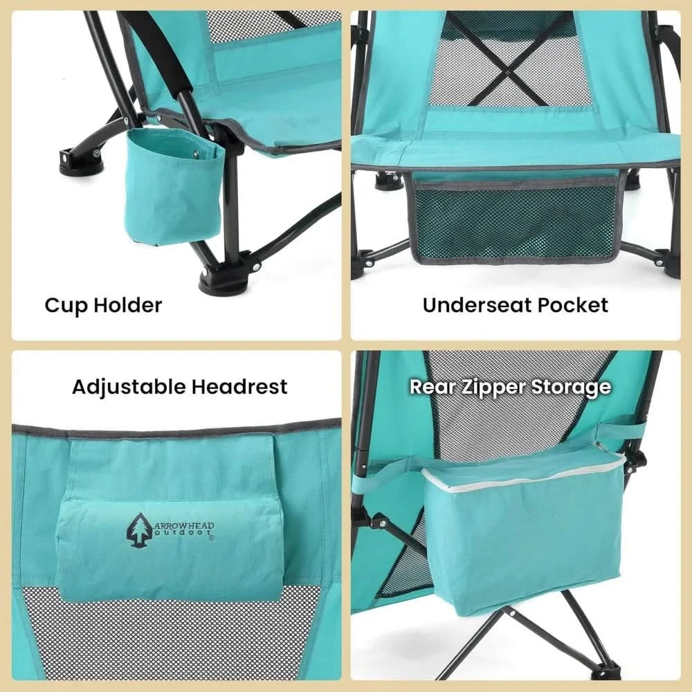 2-Pack Low Seating + 20° Reclining Folding Beach Chair w/Padded Headrest, Foam Armrest, Cup Holder, Carry Bag, 300 LBS Weight C