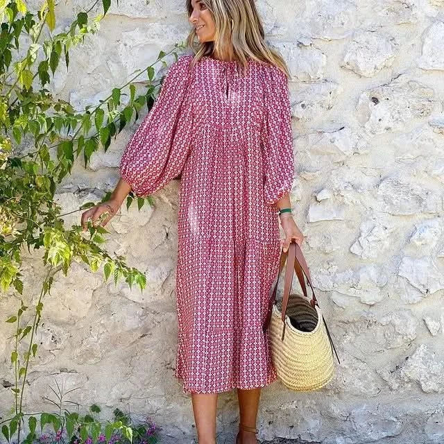 Summer Puff Sleeve Long Dress Women Geometric Print Half Sleeve Dress Boho V-Neck Loose Holiday Beach Dress Vestidos - M & M Global