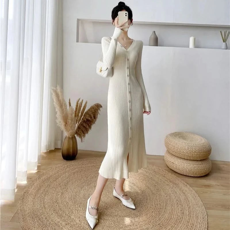 Lucyever Elegant Knitted Long Dress for Women Korean Chic Buttons Slim Fit Midi Dresses Female Streetwear V Neck Party Vestidos - M & M Global