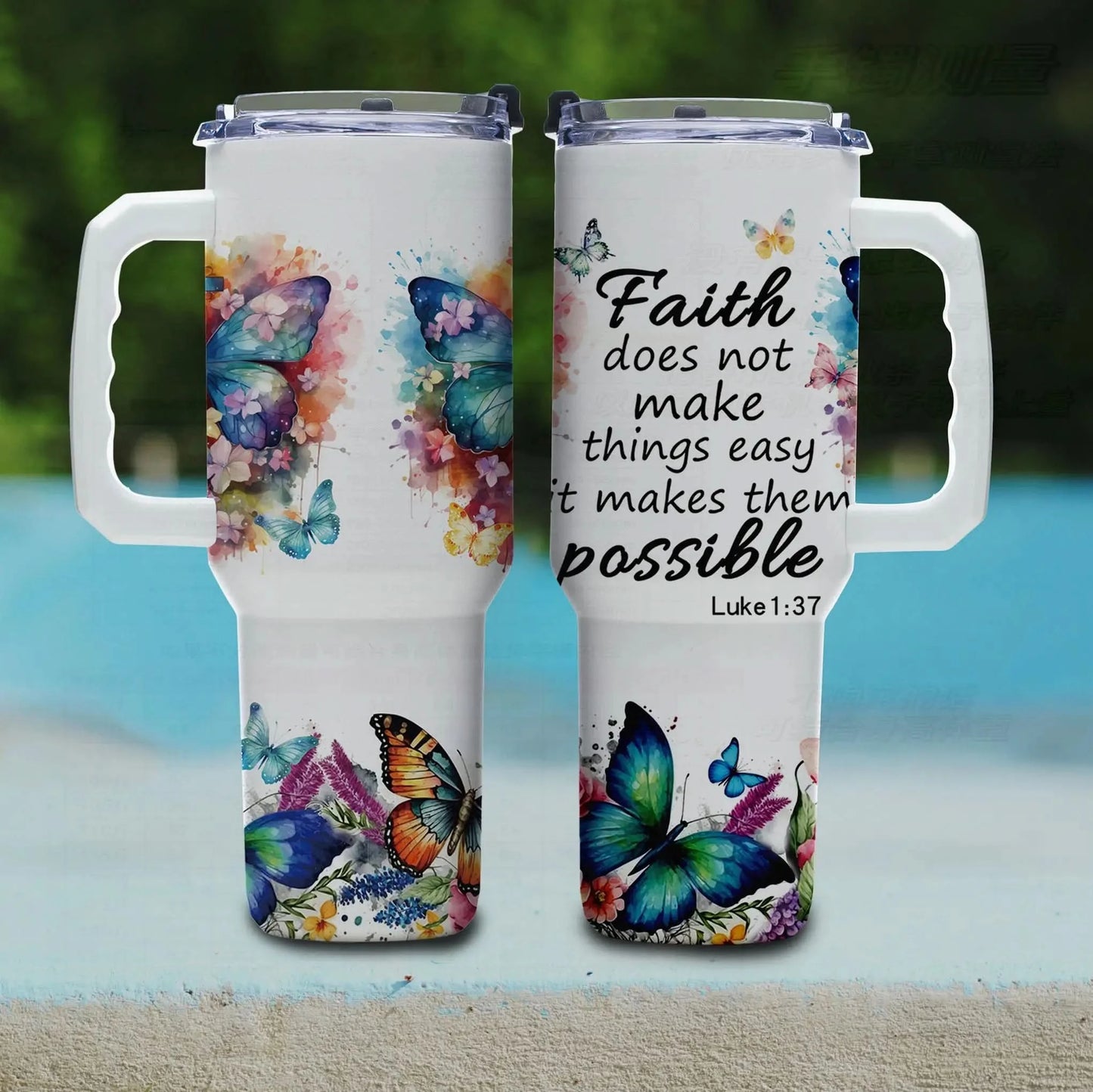 40oz Faith Quote Tumbler with Butterfly Art, Vacuum Insulated Stainless Steel with Handle and Wide Mouth, Gift for Christian Wom