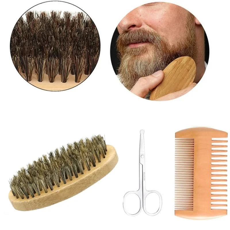 Men Shaving Bamboo Brush Comb Set Boar Bristle Portable Barber Beard Brush Comb Scissors for Facial Cleaning Styling Tool - M & M Global
