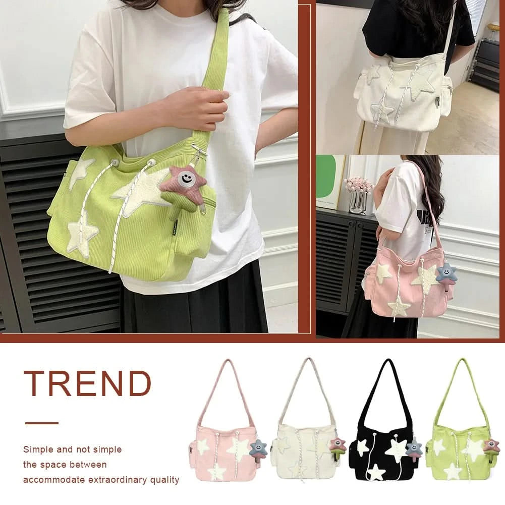 Women Star Pattern Corduroy Crossbody Bag Casual Tote Lady Fashion Large Capacity Shoulder Bag Girl Travel Messenger Bag Handbag - M & M Global
