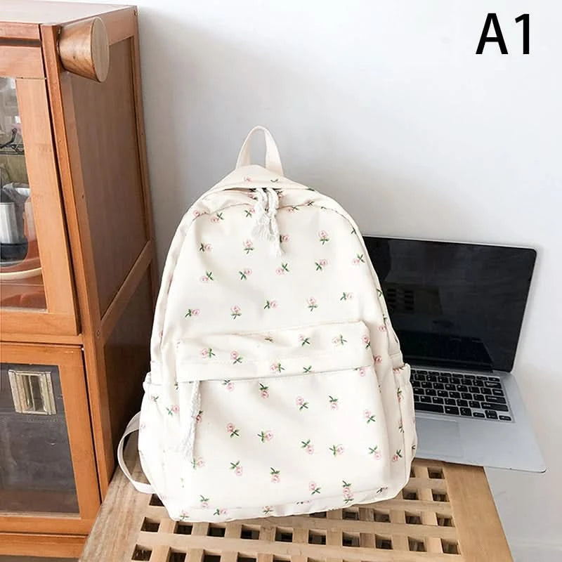 Student School Backpack Floral White School Bags For Teenage Girls Cute Women's Backpack Book Bag Nylon Rucksack - M & M Global