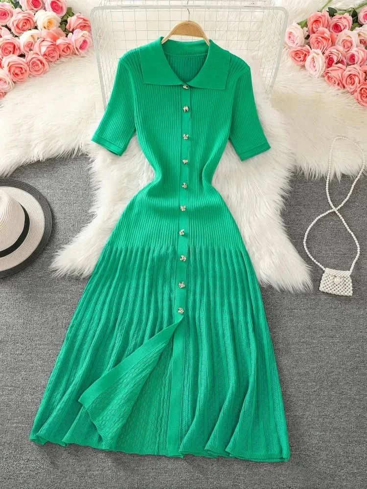 Summer 2024 New Women's Black Beige Single Breasted Knitted Long Dress Green Elegant Office Lady Short Sleeve Pleated Dress Chic - M & M Global