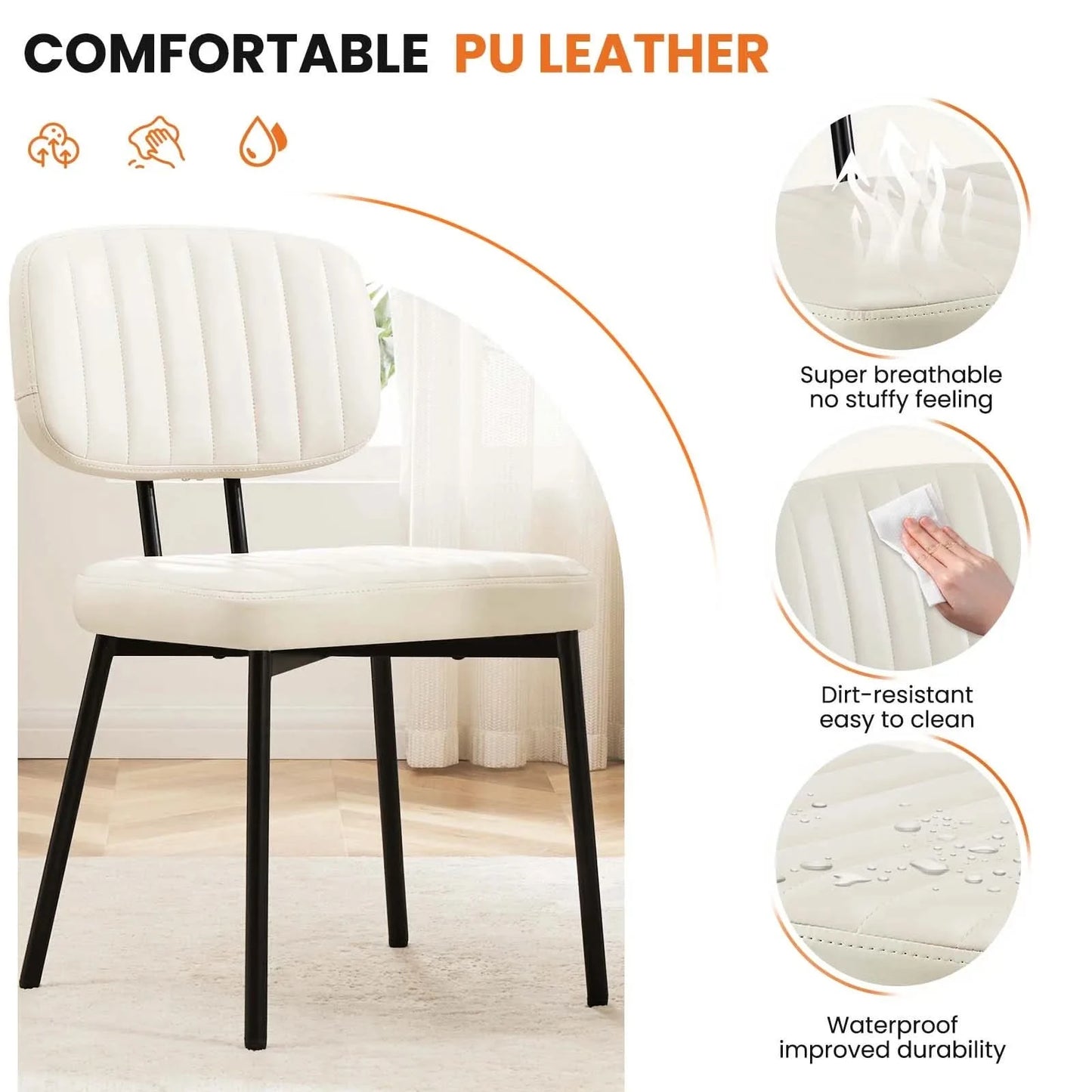 JHK Dining Chairs Set of 2 Ergonomic Lumbar Support PU Leather Foam Sponge Cushion Seat and Metal Legs for Modern Kitchen