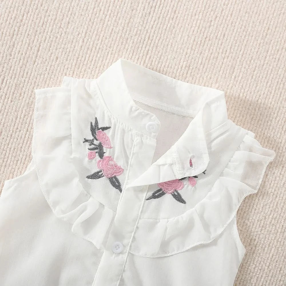 Summer New Girls' Two-Piece Set Lace Flower Embroidery Bow Two-Piece Set Loose Casual Two-Piece Shorts - M & M Global